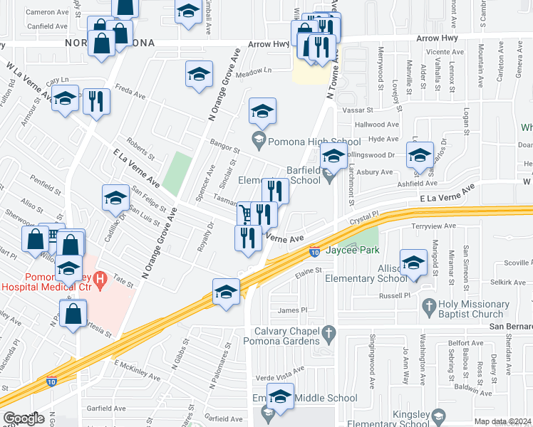map of restaurants, bars, coffee shops, grocery stores, and more near 2130 Stocker Street in Pomona