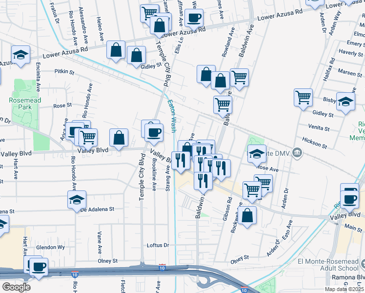 map of restaurants, bars, coffee shops, grocery stores, and more near 4013 Rowland Avenue in El Monte