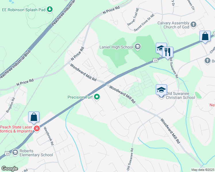 map of restaurants, bars, coffee shops, grocery stores, and more near 717 Woodward Mill Road in Buford