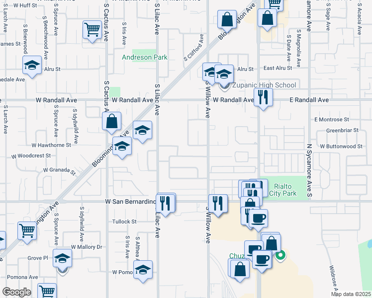 map of restaurants, bars, coffee shops, grocery stores, and more near 379 Hawthorne Street in Rialto