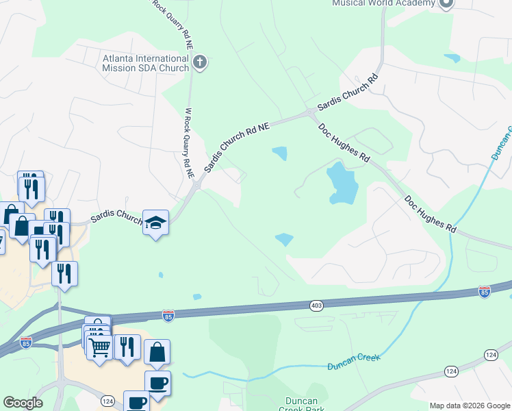map of restaurants, bars, coffee shops, grocery stores, and more near 2601 West Rock Quarry Road Northeast in Buford
