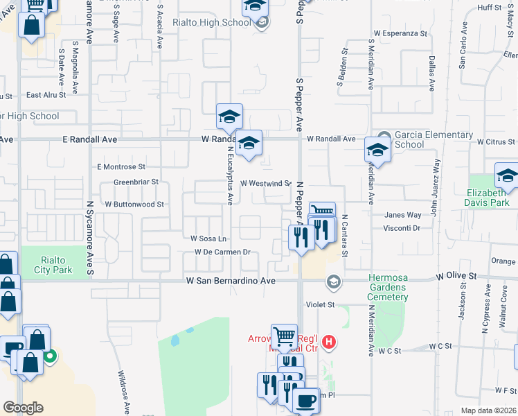 map of restaurants, bars, coffee shops, grocery stores, and more near 1834 West Admiralty Street in Colton