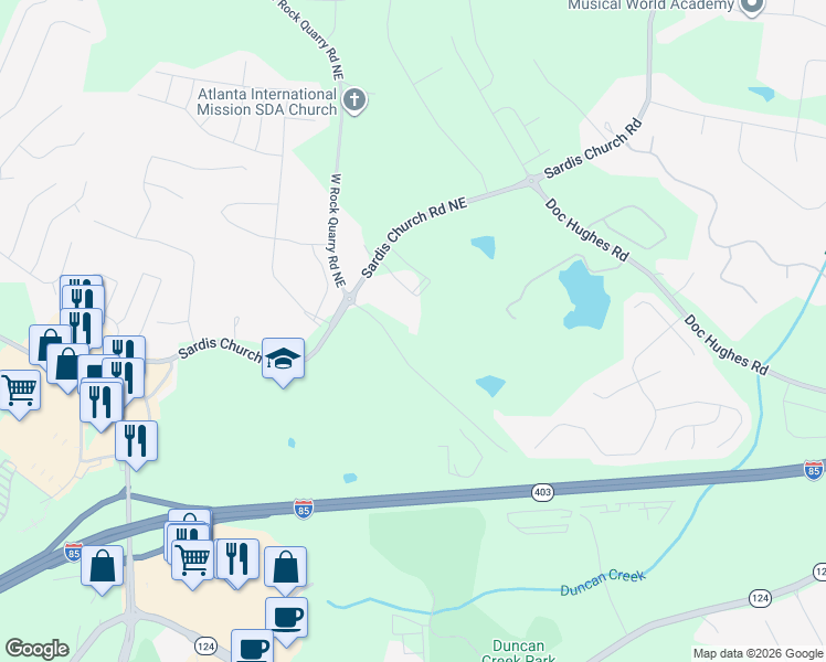 map of restaurants, bars, coffee shops, grocery stores, and more near 2651 West Rock Quarry Road Northeast in Buford