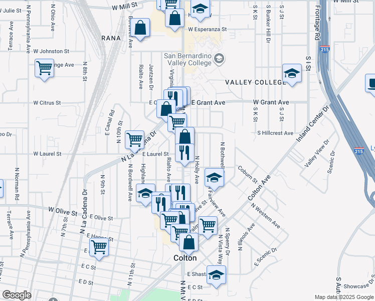 map of restaurants, bars, coffee shops, grocery stores, and more near 1338 North Mount Vernon Avenue in Colton