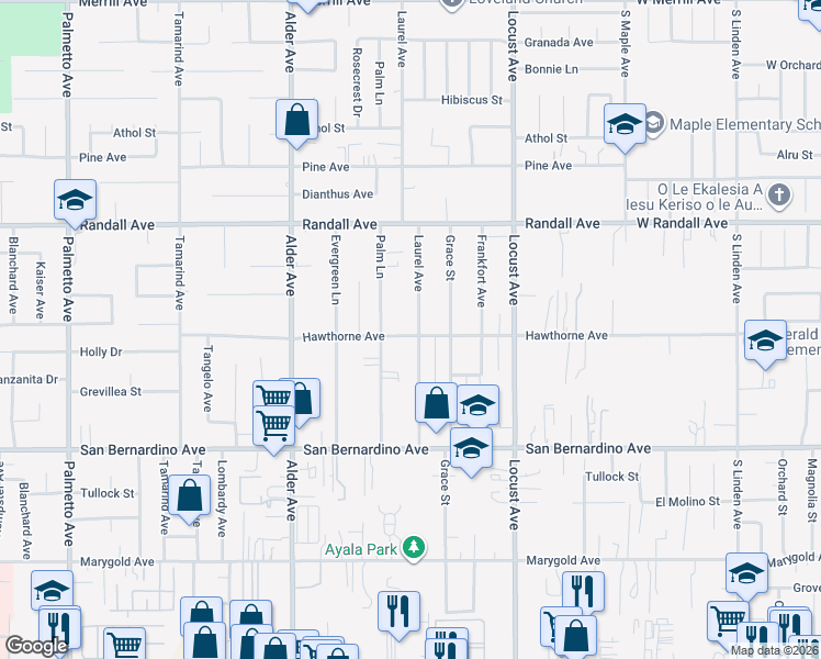 map of restaurants, bars, coffee shops, grocery stores, and more near 9492 Laurel Avenue in Fontana
