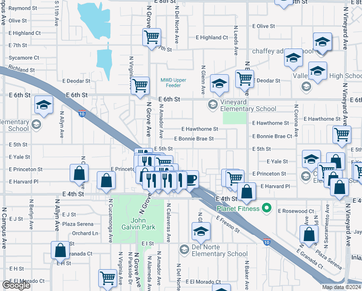 map of restaurants, bars, coffee shops, grocery stores, and more near 1381 East 5th Street in Ontario
