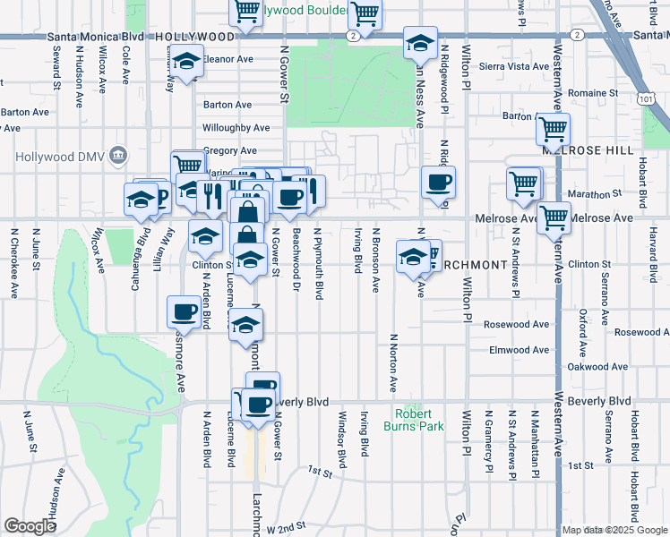 map of restaurants, bars, coffee shops, grocery stores, and more near 5402 Clinton Street in Los Angeles