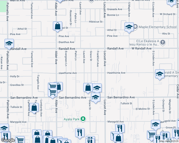 map of restaurants, bars, coffee shops, grocery stores, and more near 9490 Grace Street in Fontana