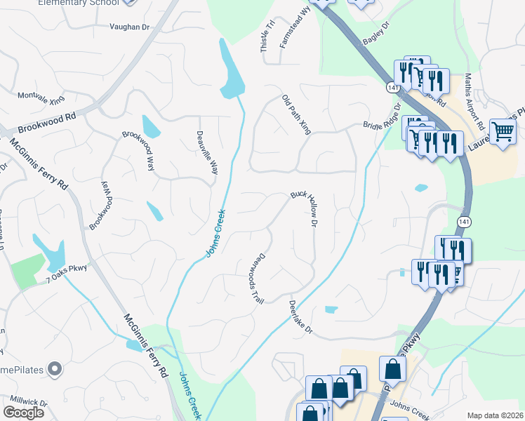 map of restaurants, bars, coffee shops, grocery stores, and more near 1250 Elk Ridge Cove in Alpharetta