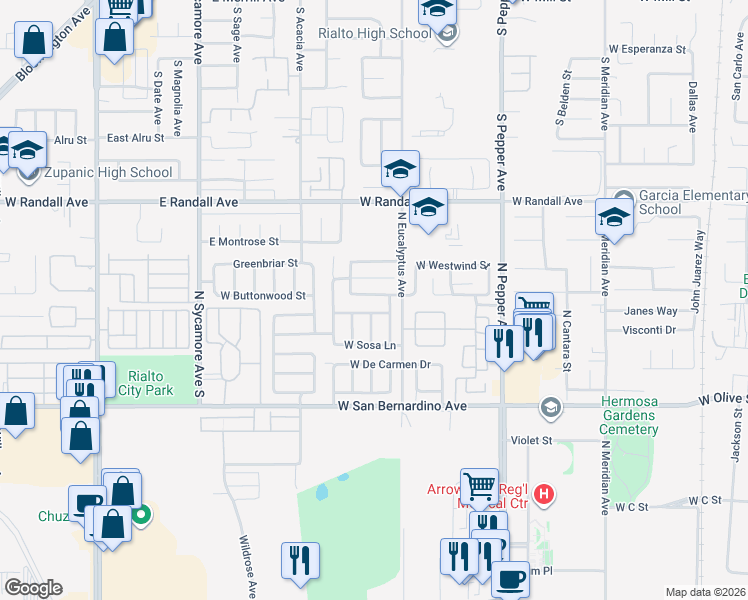 map of restaurants, bars, coffee shops, grocery stores, and more near 1934 West Admiralty Street in Colton