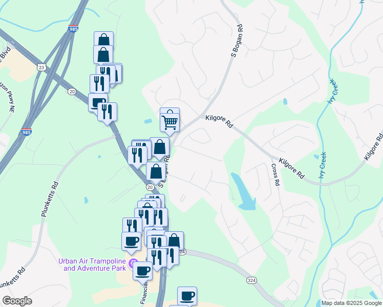 map of restaurants, bars, coffee shops, grocery stores, and more near 3526 Harvest Ridge Lane Northeast in Buford