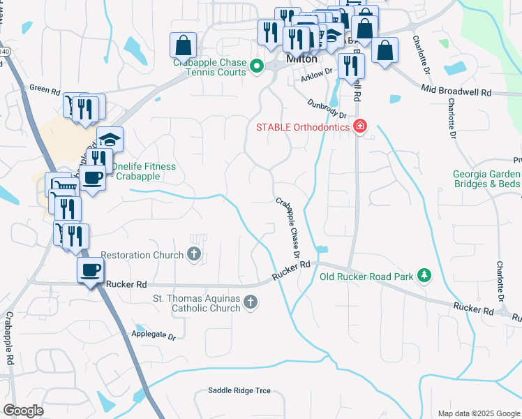 map of restaurants, bars, coffee shops, grocery stores, and more near 330 Hughes Branch Close in Alpharetta