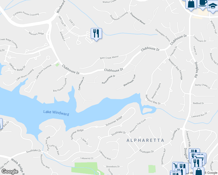 map of restaurants, bars, coffee shops, grocery stores, and more near 1720 Portrush Place in Alpharetta