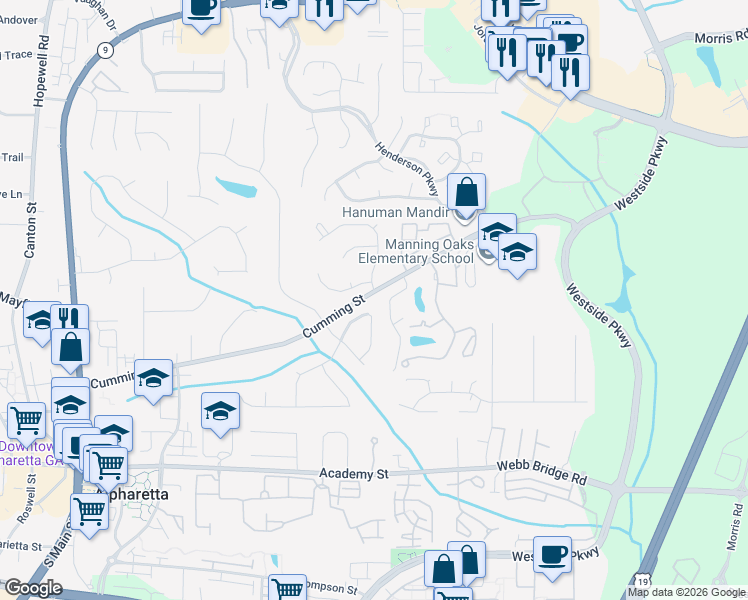 map of restaurants, bars, coffee shops, grocery stores, and more near 12185 Clairmonte Avenue in Alpharetta