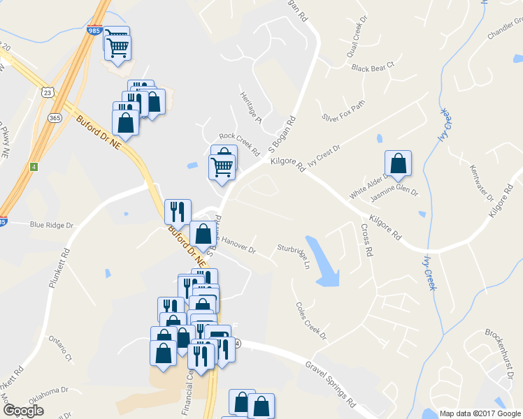 map of restaurants, bars, coffee shops, grocery stores, and more near 3526 Harvest Ridge Lane Northeast in Buford