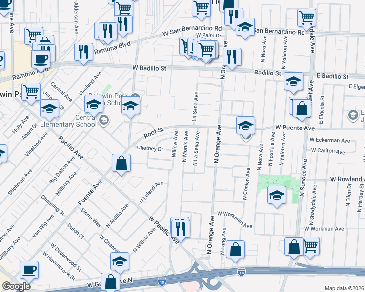 map of restaurants, bars, coffee shops, grocery stores, and more near 601 North Morris Avenue in West Covina