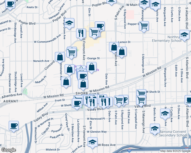 map of restaurants, bars, coffee shops, grocery stores, and more near 1000 Fremont Avenue in Alhambra