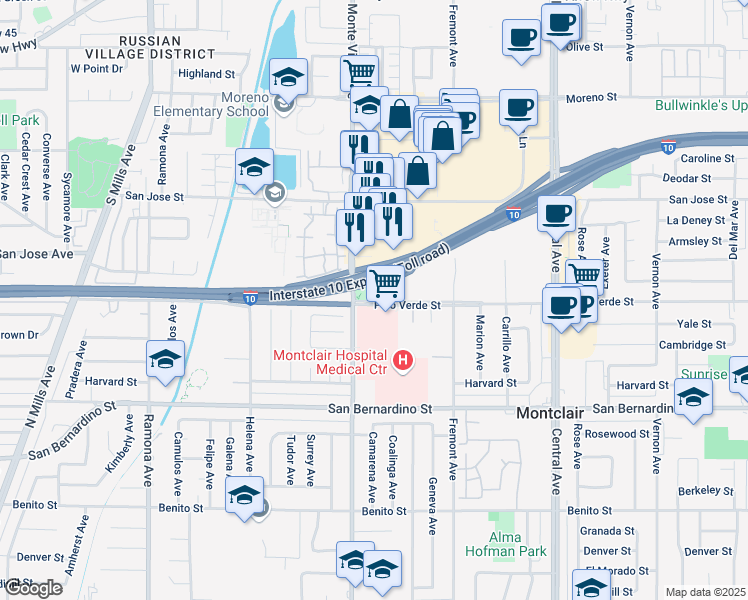 map of restaurants, bars, coffee shops, grocery stores, and more near 4936 Palo Verde Street in Montclair