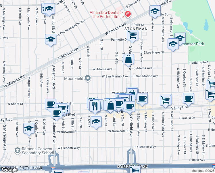 map of restaurants, bars, coffee shops, grocery stores, and more near 1132 South 4th Street in Alhambra