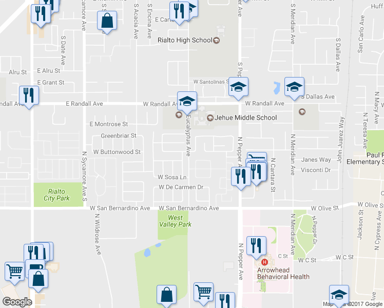 map of restaurants, bars, coffee shops, grocery stores, and more near 1898 West Admiralty Street in Colton