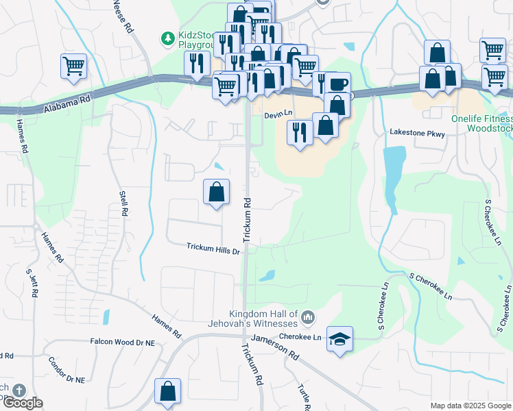 map of restaurants, bars, coffee shops, grocery stores, and more near 109 Camden Park Dr in Woodstock