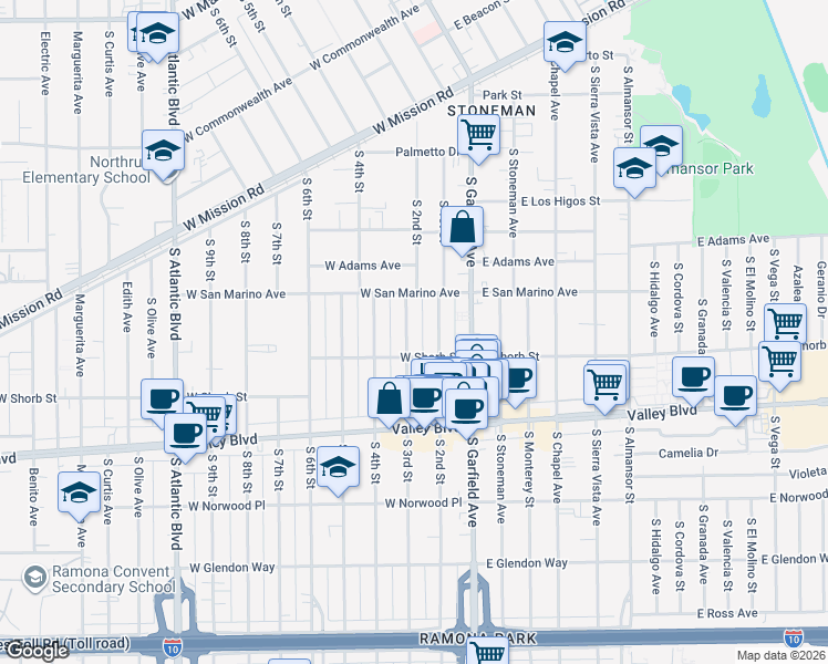 map of restaurants, bars, coffee shops, grocery stores, and more near 1132 South 3rd Street in Alhambra