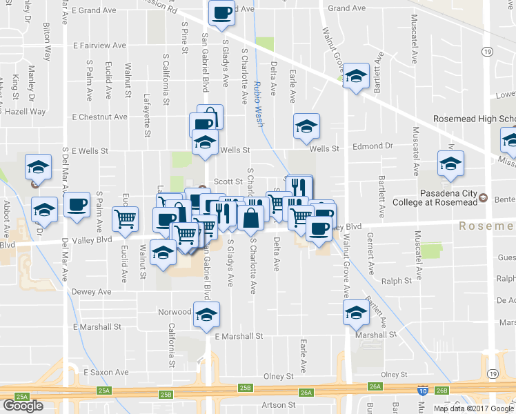 map of restaurants, bars, coffee shops, grocery stores, and more near 1512 South Charlotte Avenue in San Gabriel