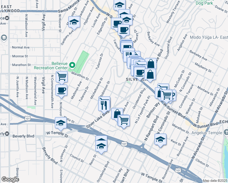 map of restaurants, bars, coffee shops, grocery stores, and more near 802 North Dillon Street in Los Angeles