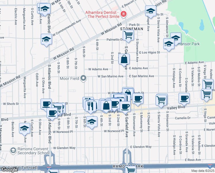 map of restaurants, bars, coffee shops, grocery stores, and more near 1132 South 4th Street in Alhambra