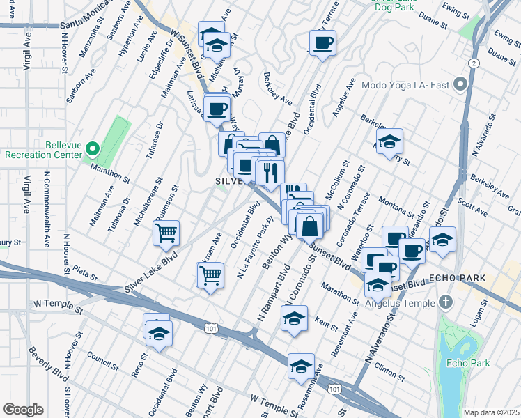 map of restaurants, bars, coffee shops, grocery stores, and more near 2798 Sunset Boulevard in Los Angeles