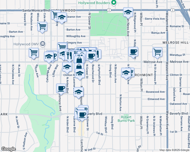 map of restaurants, bars, coffee shops, grocery stores, and more near 590 North Beachwood Drive in Los Angeles