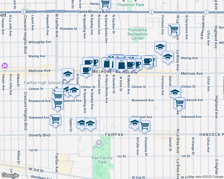 map of restaurants, bars, coffee shops, grocery stores, and more near 543 North Gardner Street in Los Angeles