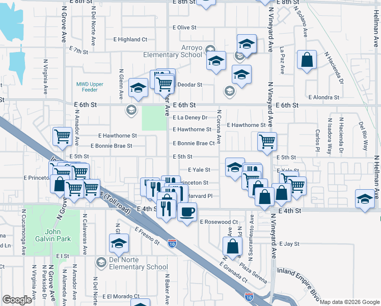 map of restaurants, bars, coffee shops, grocery stores, and more near 1667 East 5th Street in Ontario