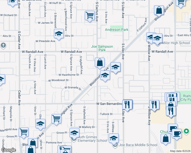 map of restaurants, bars, coffee shops, grocery stores, and more near 719 West Hawthorne Street in Bloomington