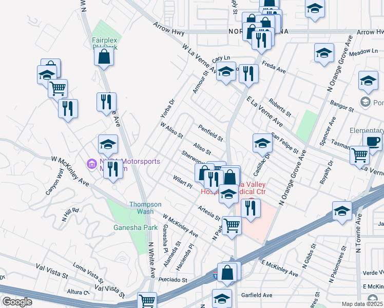 map of restaurants, bars, coffee shops, grocery stores, and more near 263 Sherwood Place in Pomona