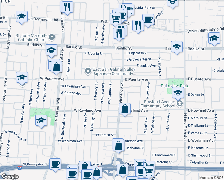 map of restaurants, bars, coffee shops, grocery stores, and more near 620 North Chapman Street in West Covina