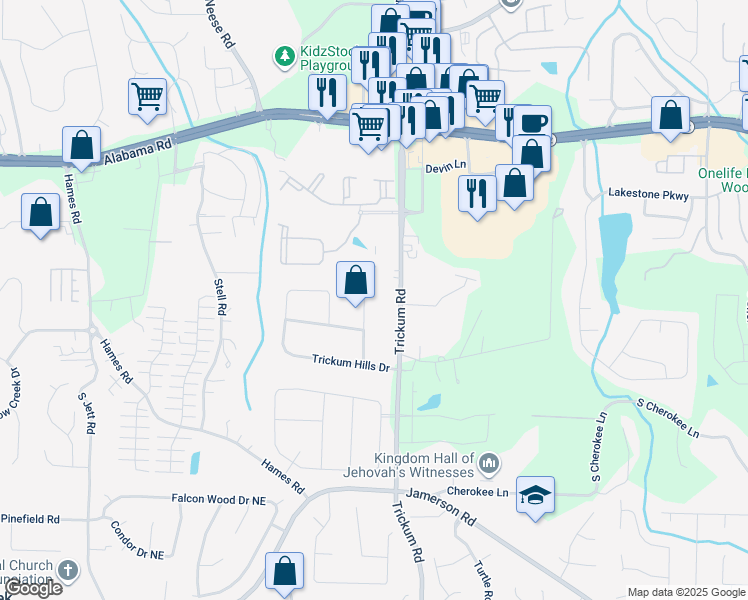 map of restaurants, bars, coffee shops, grocery stores, and more near 316 Trickum Hills Way in Woodstock