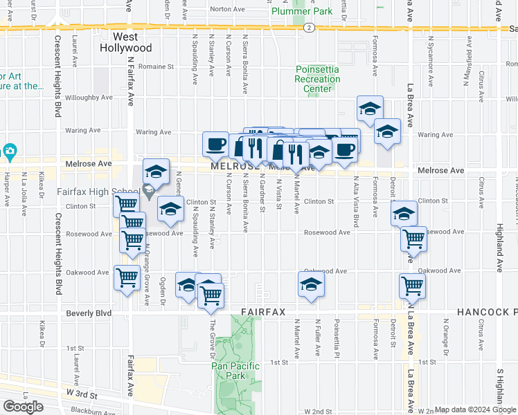 map of restaurants, bars, coffee shops, grocery stores, and more near 543 North Gardner Street in Los Angeles