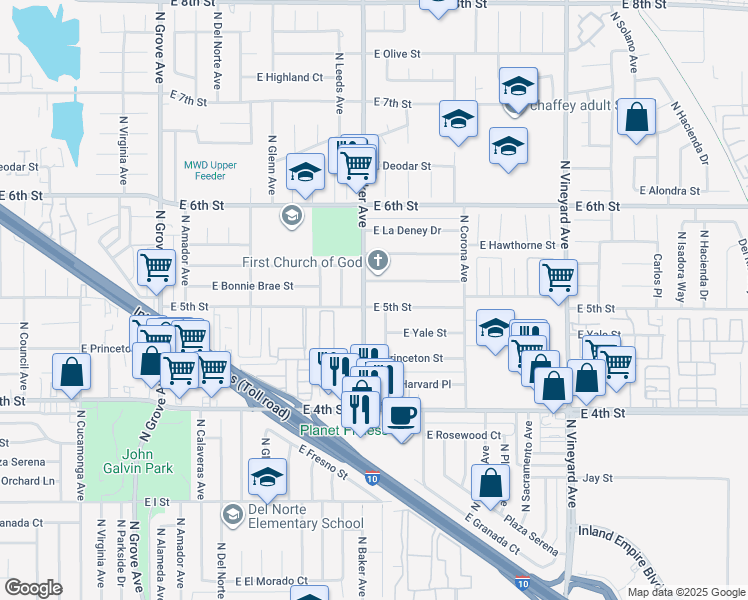 map of restaurants, bars, coffee shops, grocery stores, and more near 1623 East 5th Street in Ontario