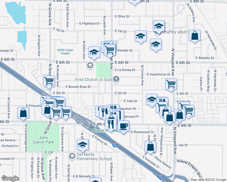 map of restaurants, bars, coffee shops, grocery stores, and more near 1623 East 5th Street in Ontario