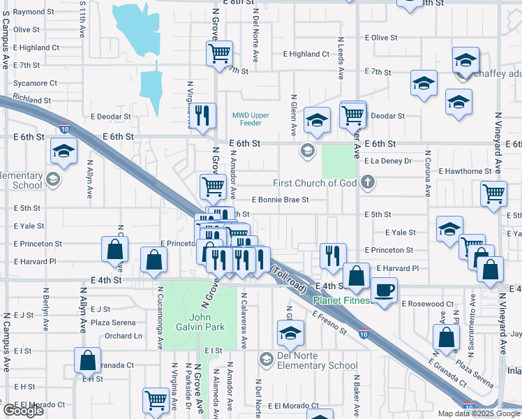 map of restaurants, bars, coffee shops, grocery stores, and more near 1381 East 5th Street in Ontario