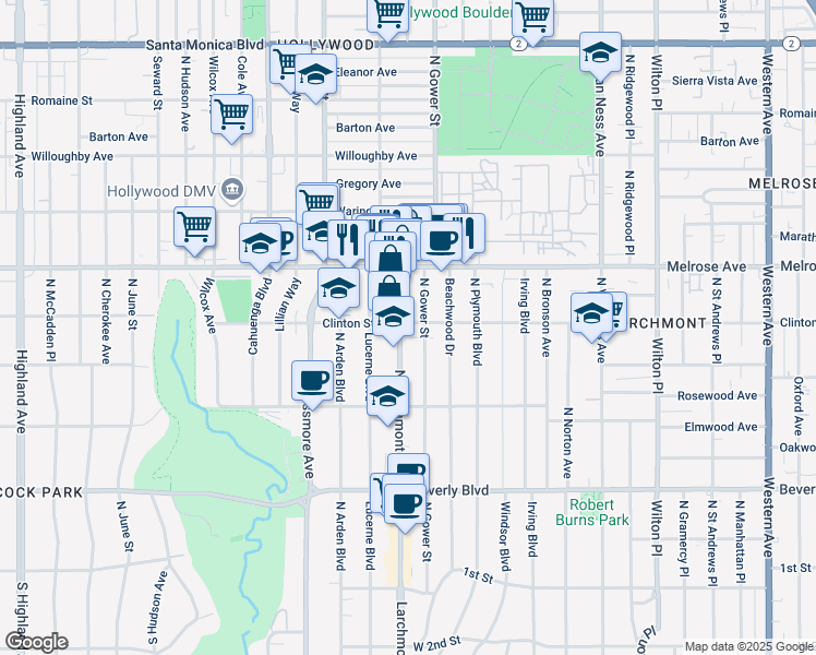 map of restaurants, bars, coffee shops, grocery stores, and more near 589 North Gower Street in Los Angeles