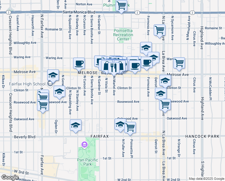 map of restaurants, bars, coffee shops, grocery stores, and more near 543 North Martel Avenue in Los Angeles