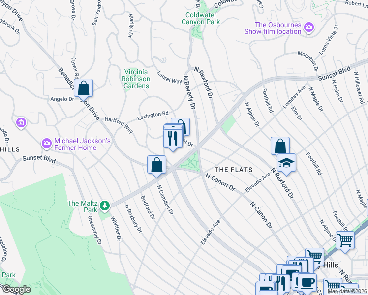 map of restaurants, bars, coffee shops, grocery stores, and more near 917 North Crescent Drive in Beverly Hills