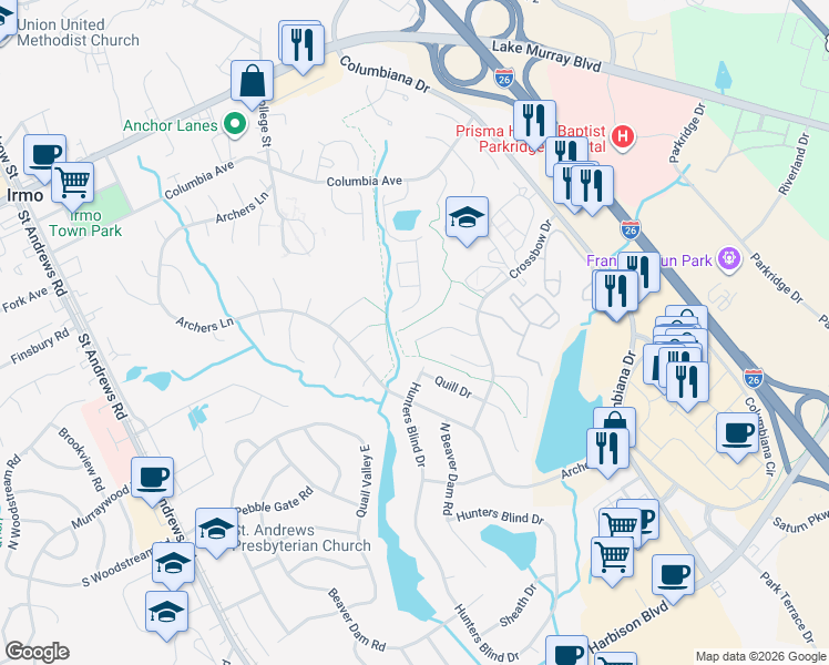 map of restaurants, bars, coffee shops, grocery stores, and more near 128 Crossbow Court in Columbia