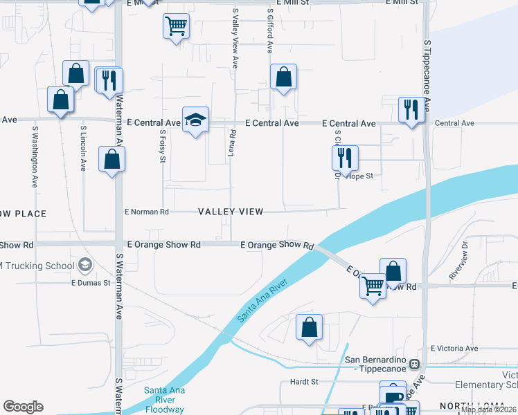 map of restaurants, bars, coffee shops, grocery stores, and more near 694 East Norman Road in San Bernardino