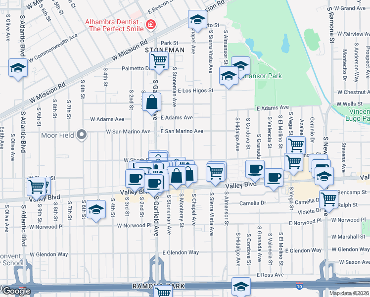 map of restaurants, bars, coffee shops, grocery stores, and more near 1132 South Monterey Street in Alhambra