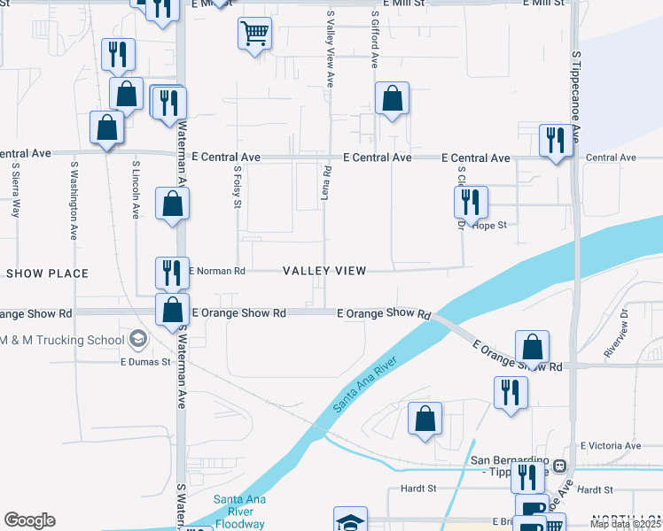 map of restaurants, bars, coffee shops, grocery stores, and more near 634 East Norman Road in San Bernardino