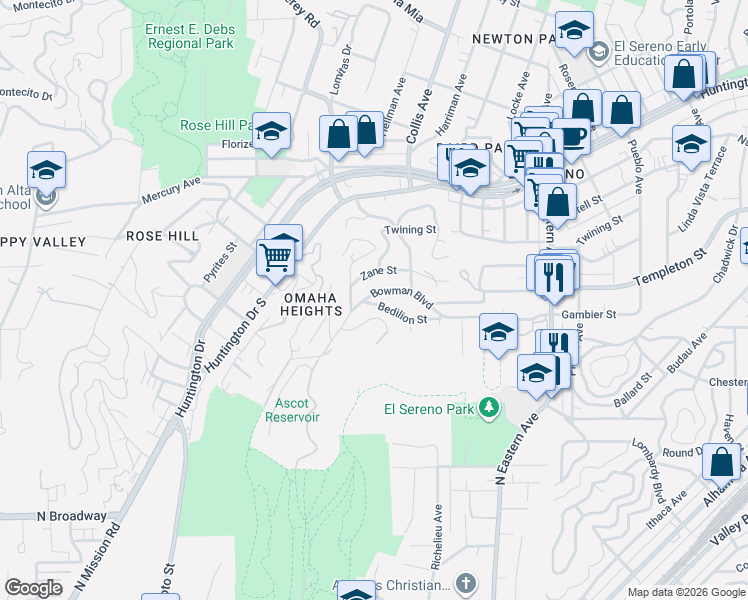 map of restaurants, bars, coffee shops, grocery stores, and more near 4531 Bedilion Street in Los Angeles