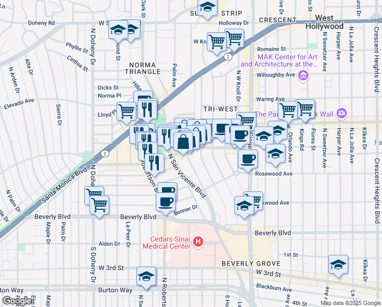 map of restaurants, bars, coffee shops, grocery stores, and more near 8646 Melrose Avenue in West Hollywood
